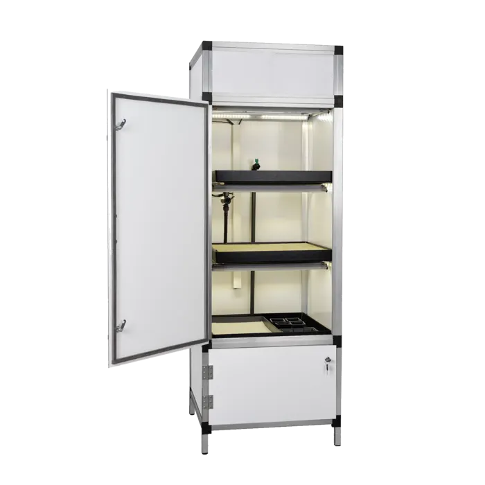 Metro Solo kweekkast, deur open, productafbeelding met de 3 verlichte planken en eb-en-vloed-irrigatiebak
