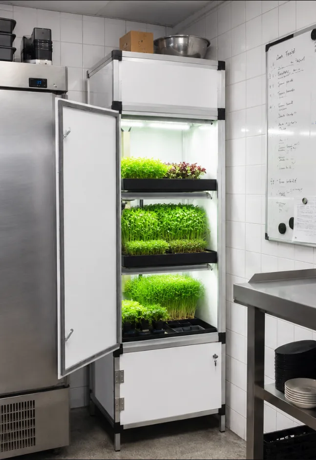 Metro Solo kweekkast in een cafékeuken, deur open met microgroenten op 3 verlichte planken — visualisatie