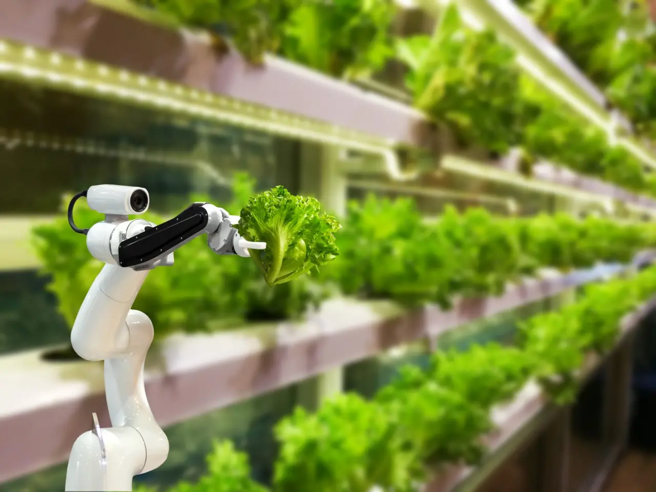 Robotic arm tending rows of leafy greens in an automated vertical farm, representative of the automation inside a MetroFarms container